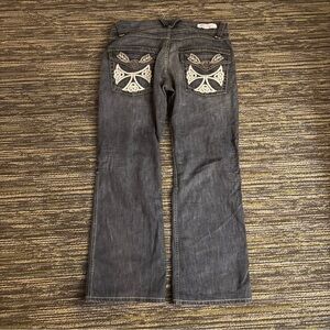 Embroidered y2k Gray Jeans with Unique Pocket Design